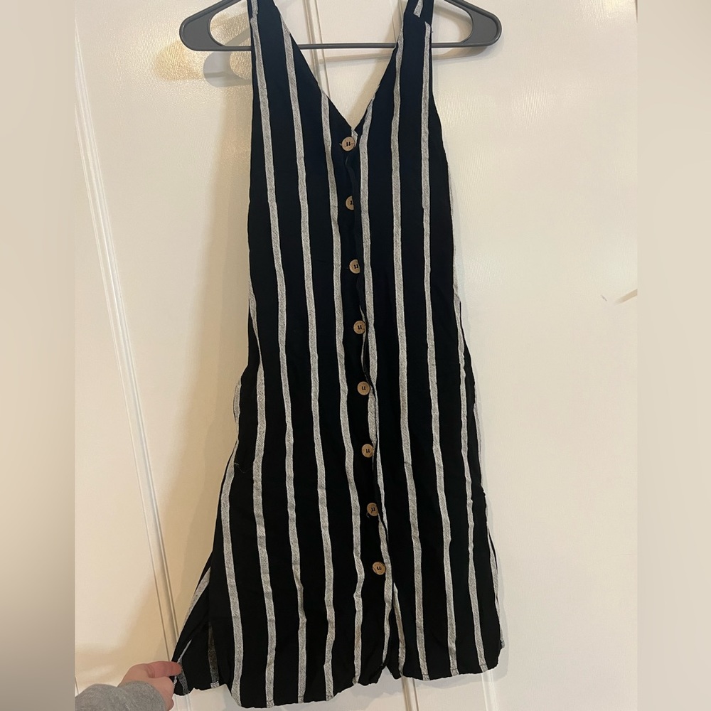 Black Striped Beach Dress with Buttons